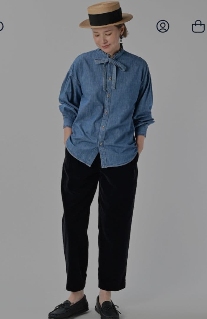 45R 瑠璃ダンガリーデニムのボウタイクッペシャツ（加工）