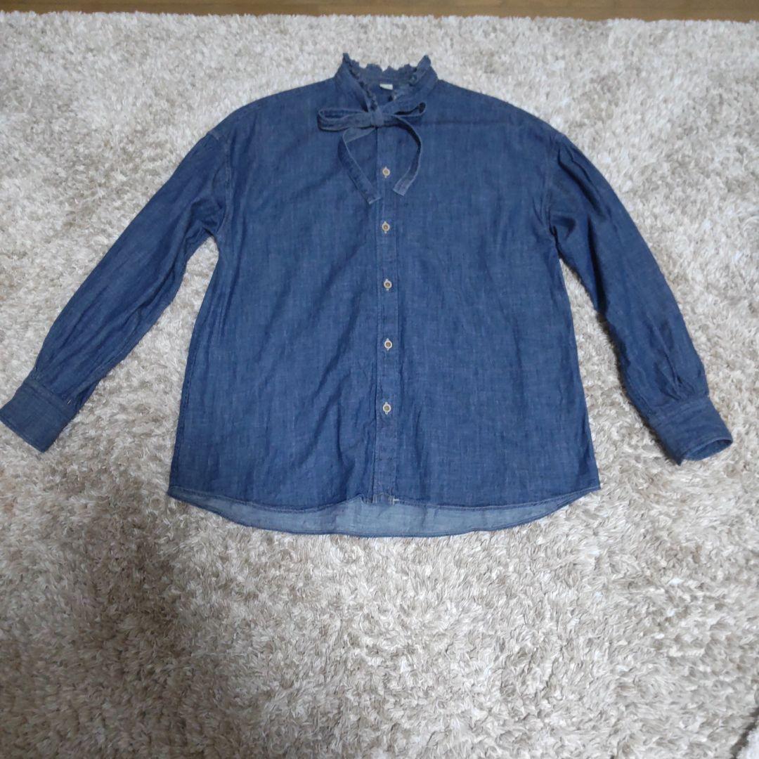 45R 瑠璃ダンガリーデニムのボウタイクッペシャツ（加工）