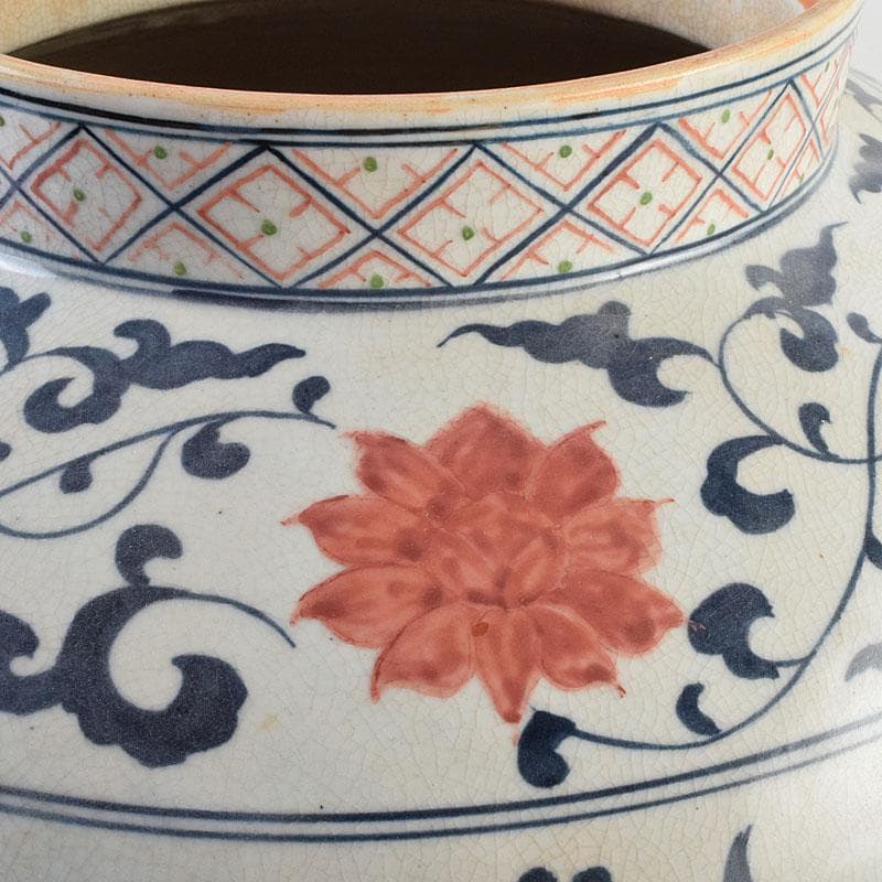 大発中国　辰砂　花弁魚藻文　獅子摘　蓋壺　Ｃ　8939Ａ