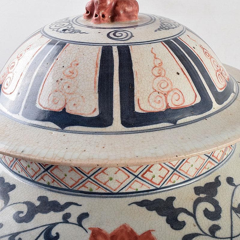 大発中国　辰砂　花弁魚藻文　獅子摘　蓋壺　Ｃ　8939Ａ