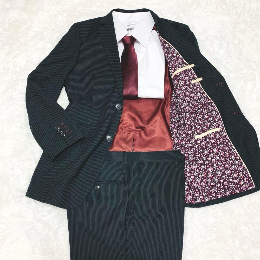 美品 ポールスミス スーツ 小花柄 総裏地 ブラック ストライプ 50サイズ