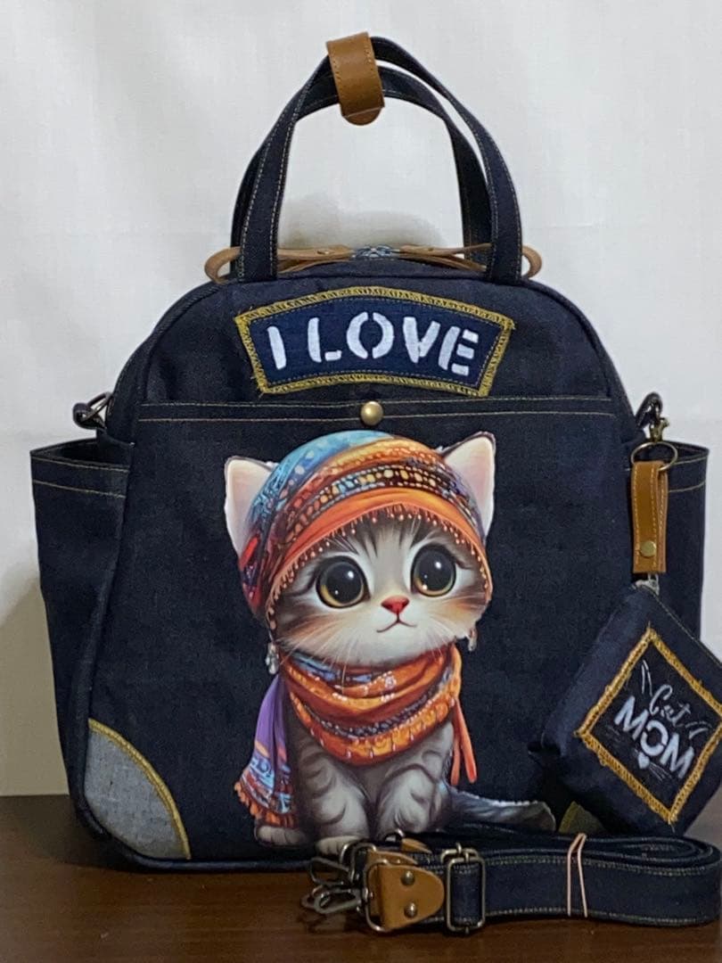 ☆岡山デニム☆ステンシル☆トラネコ☆子猫☆4wayボストンバッグ