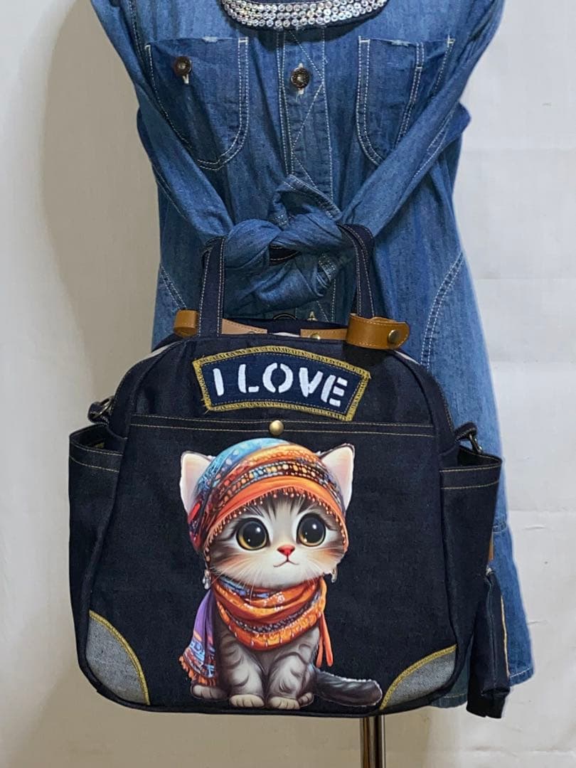 ☆岡山デニム☆ステンシル☆トラネコ☆子猫☆4wayボストンバッグ