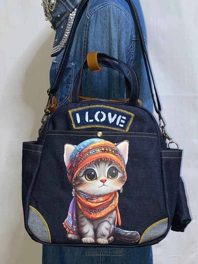 ☆岡山デニム☆ステンシル☆トラネコ☆子猫☆4wayボストンバッグ