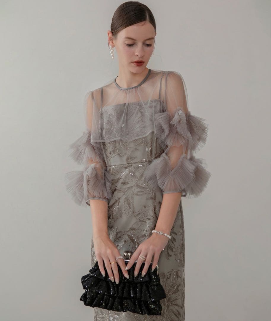 フラワースパンコールチュールフリルスリーブIラインワンピースドレス Leja