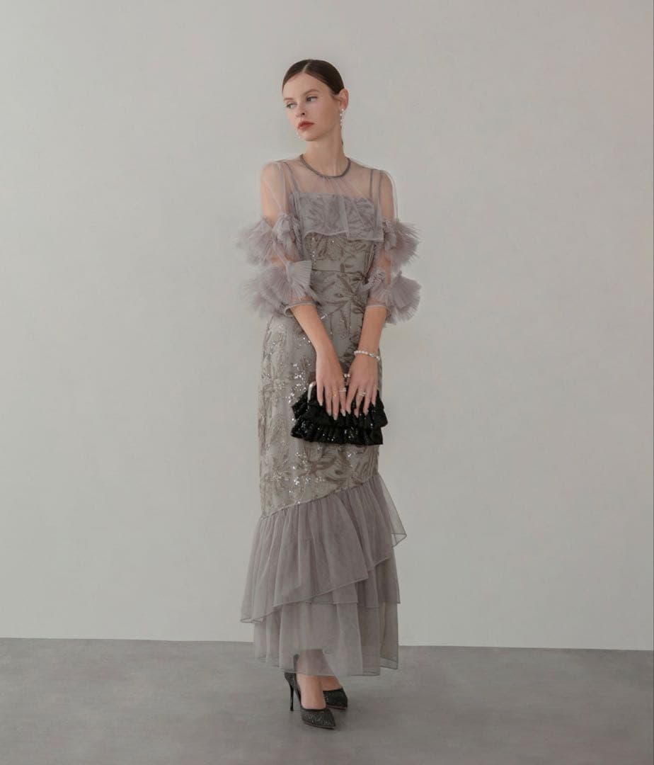 フラワースパンコールチュールフリルスリーブIラインワンピースドレス Leja