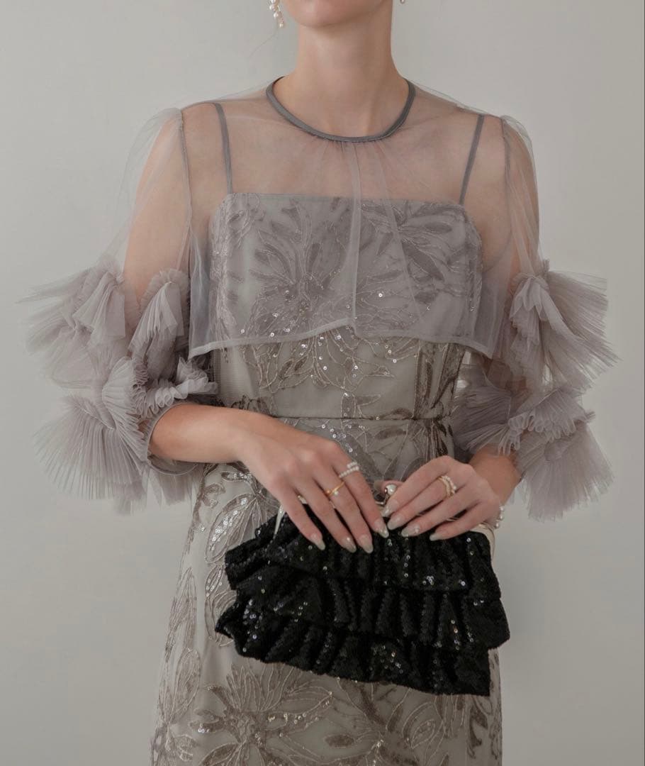 フラワースパンコールチュールフリルスリーブIラインワンピースドレス Leja