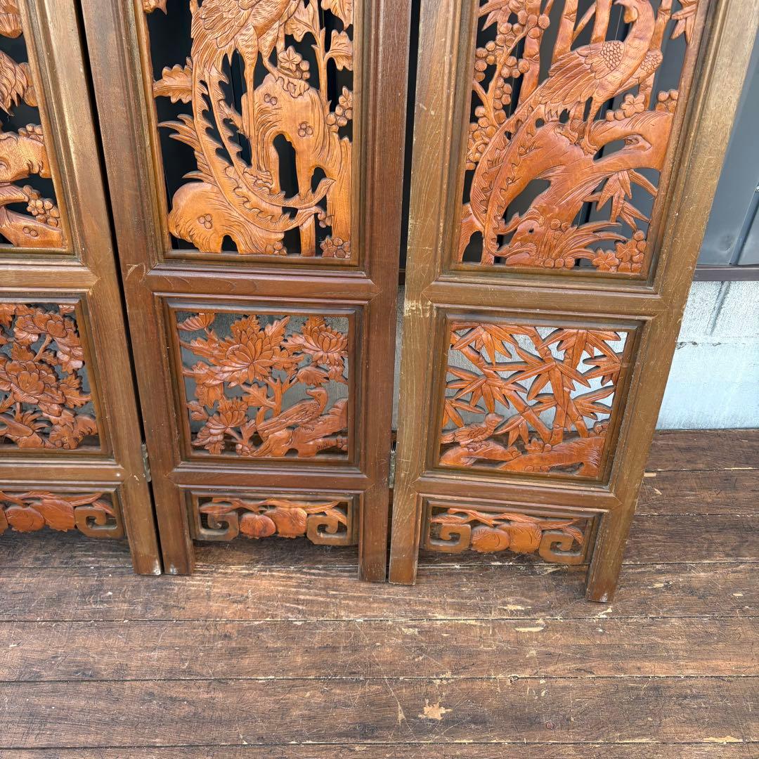 アンティーク 衝立 四面 透かし彫り パーテーション 木彫り 鶴 松 竹 花 鳥