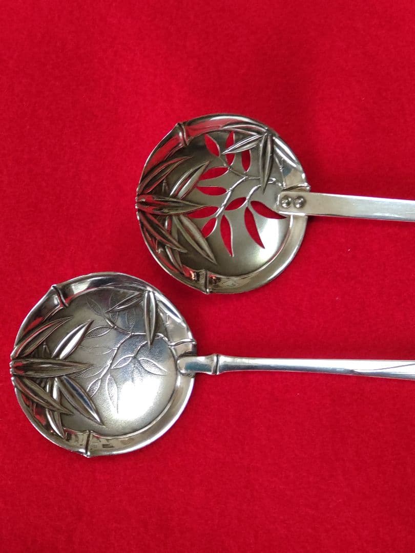 銀製笹模様お取りしゃもじ二点/銀製楊枝