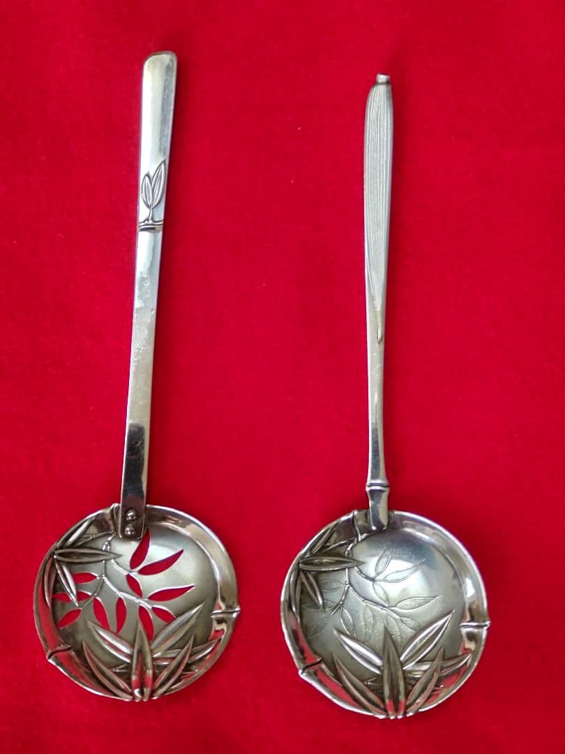 銀製笹模様お取りしゃもじ二点/銀製楊枝