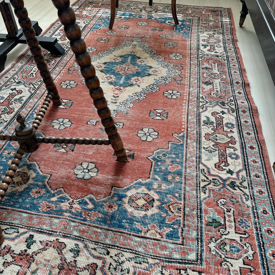 トルコヴィンテージラグ A51 レア オレンジ テラコッタ ネイビー グリーン