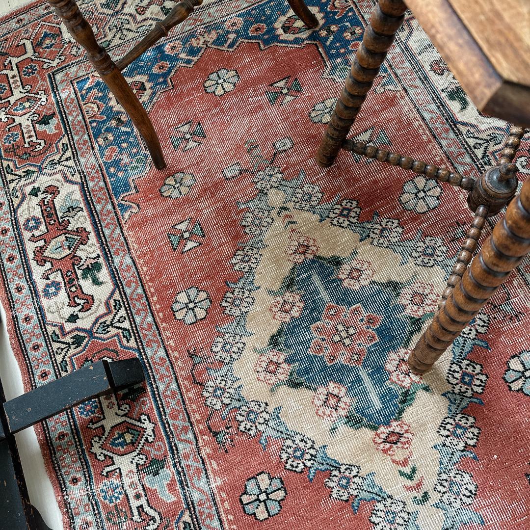 トルコヴィンテージラグ A51 レア オレンジ テラコッタ ネイビー グリーン