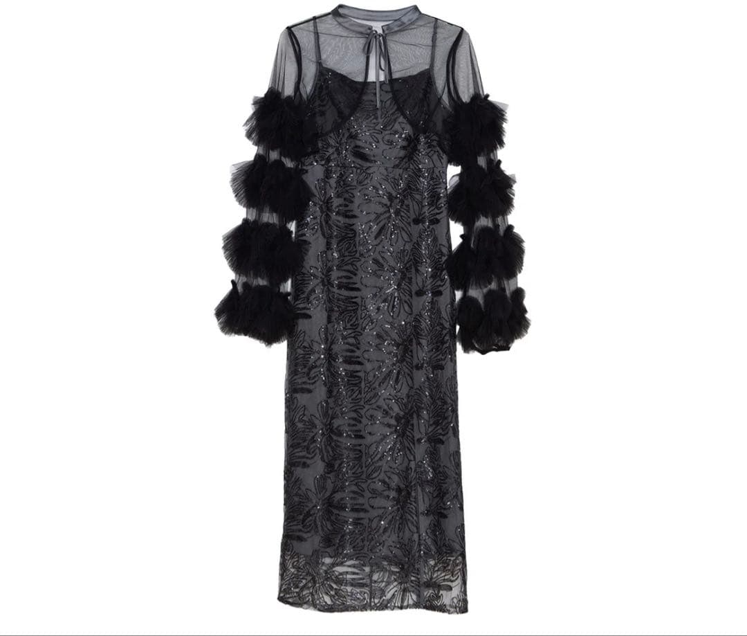 【新品タグ付き】LEJA フリルチュールスリーブリボンIラインワンピースドレス