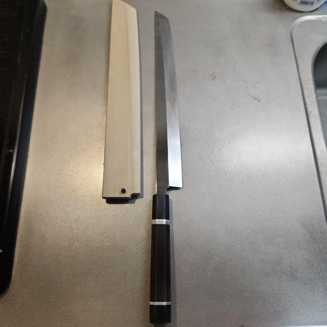 鉄拳良政　先丸柳刃包丁　本焼　尺1　V金10号　銀巻き　黒檀八画柄