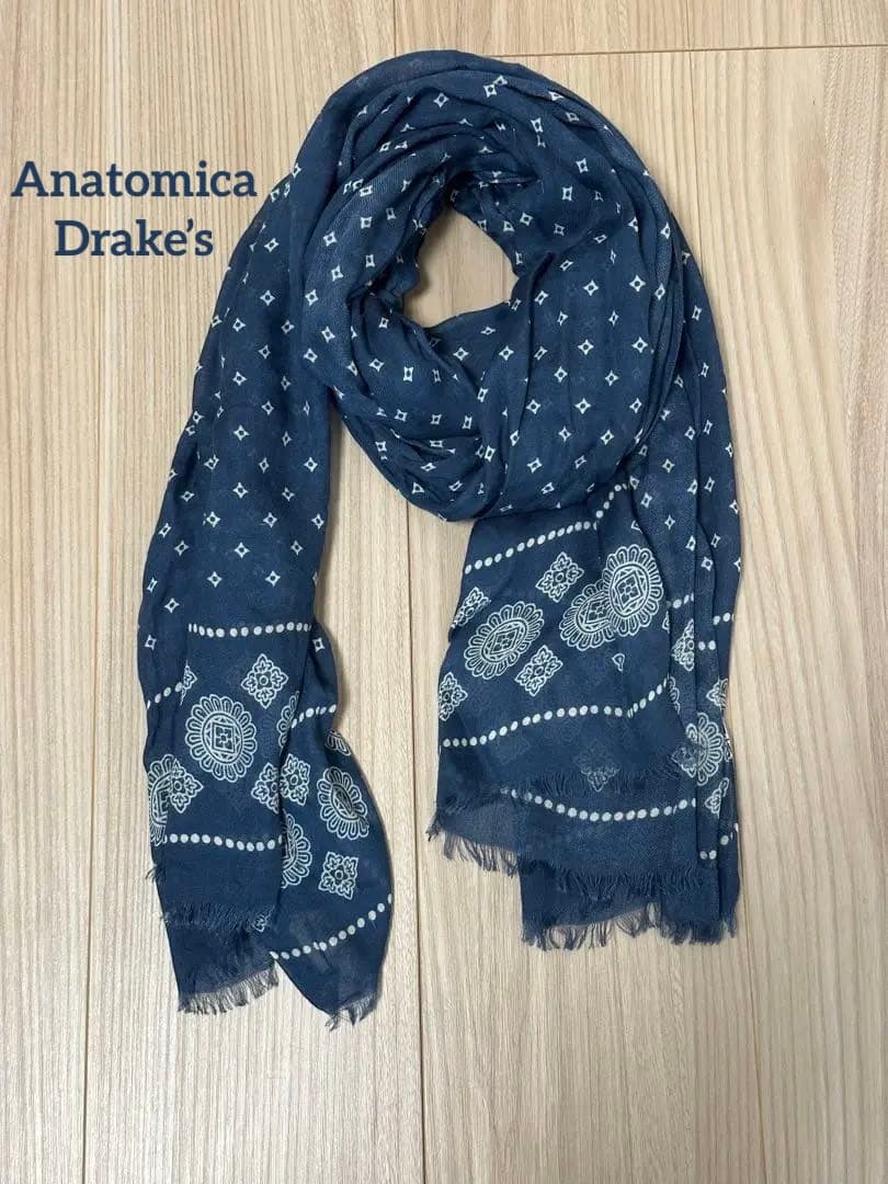 anatomica Drake's ネイビー ブロックプリントストール