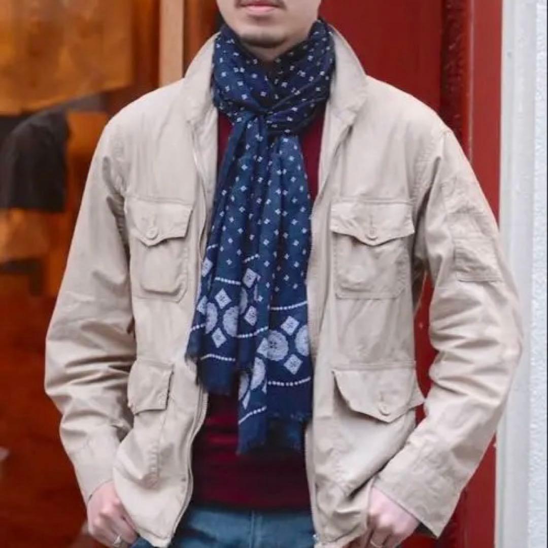 anatomica Drake's ネイビー ブロックプリントストール