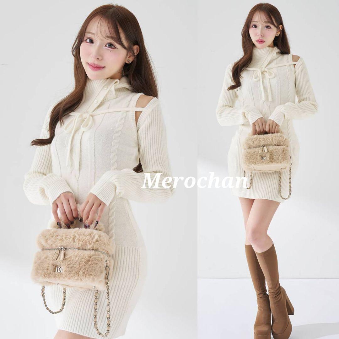 ダーリッチ デザインネックニットミニワンピース ホワイト