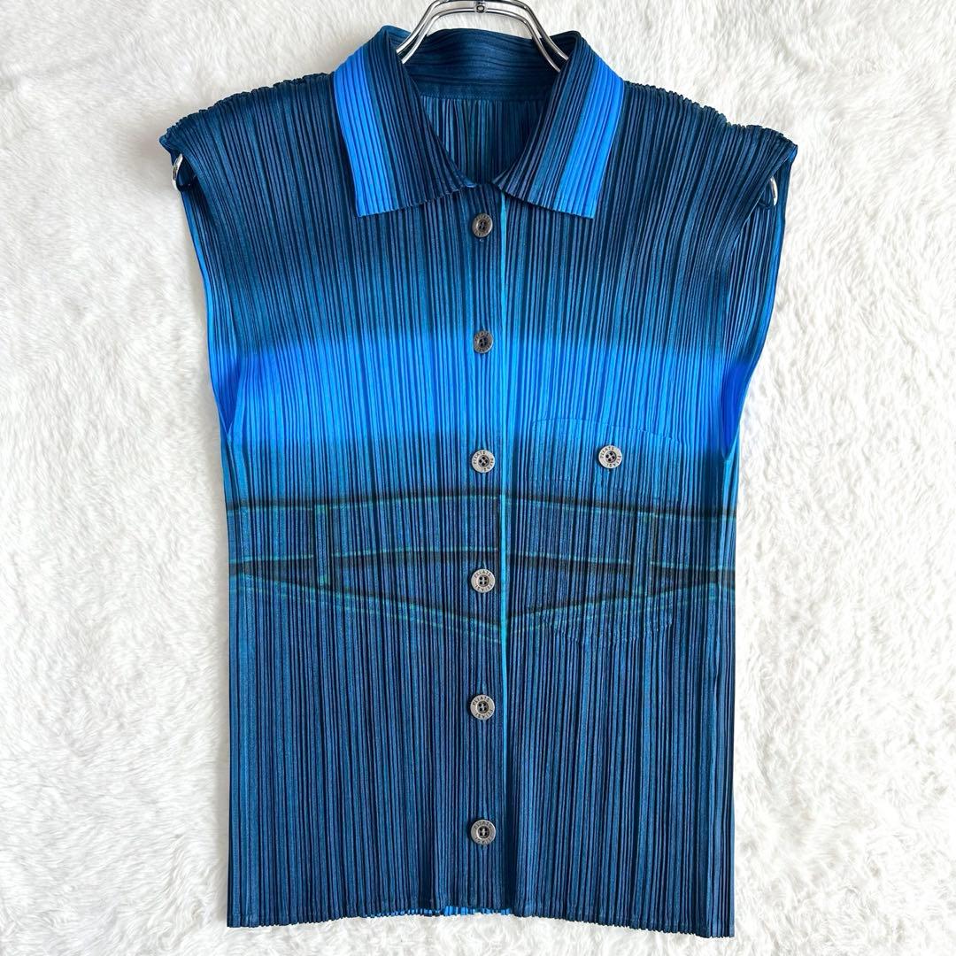 美品✨プリーツプリーズ デニム柄 シャツ サイズ3 L ノースリーブ ブルー 青