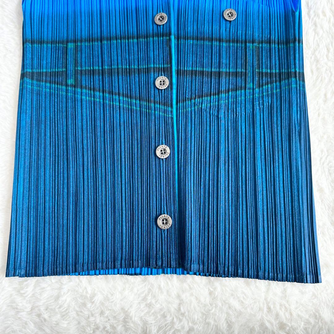 美品✨プリーツプリーズ デニム柄 シャツ サイズ3 L ノースリーブ ブルー 青