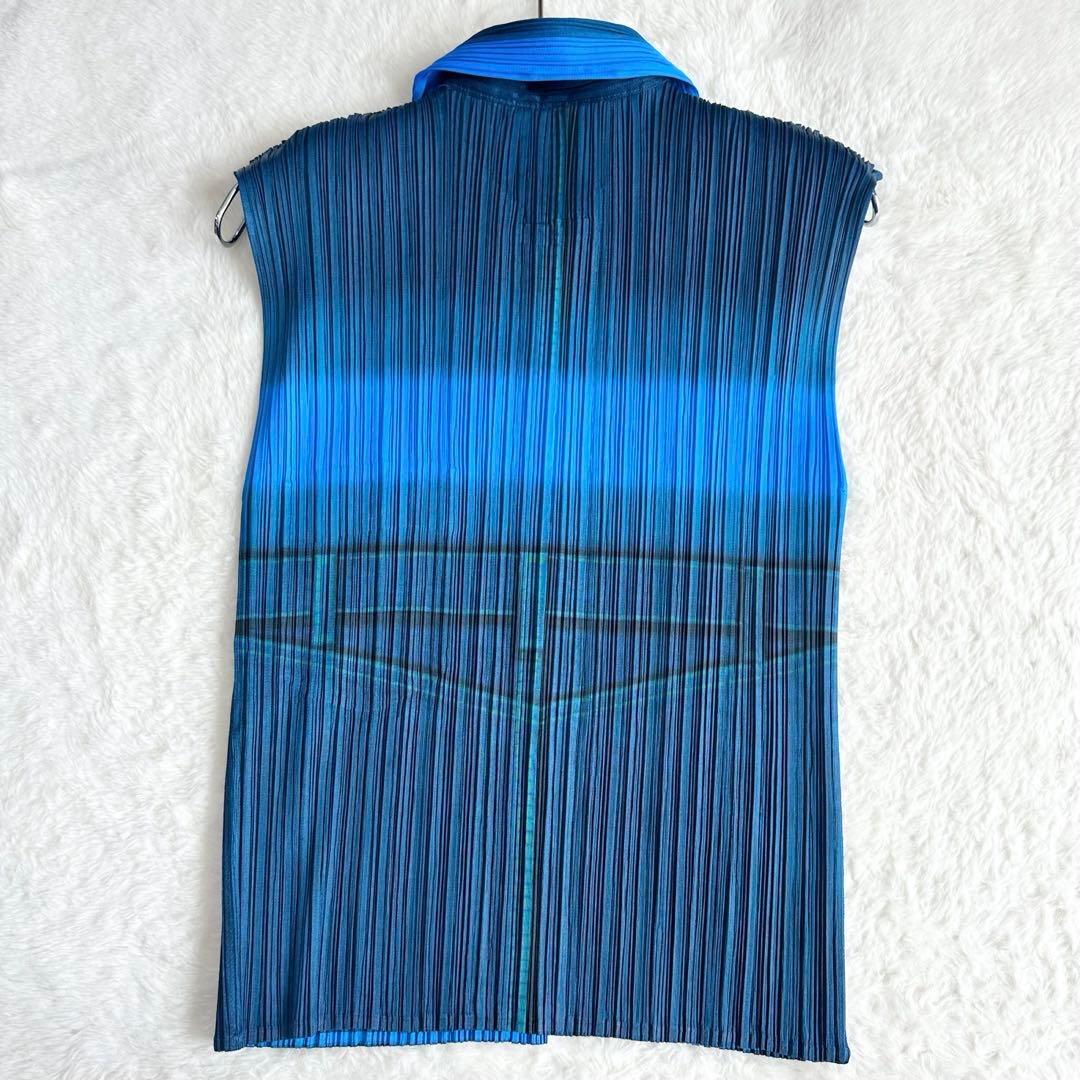 美品✨プリーツプリーズ デニム柄 シャツ サイズ3 L ノースリーブ ブルー 青