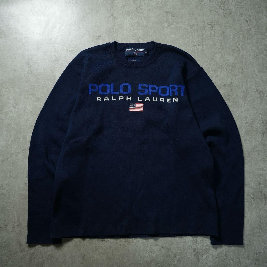 当時モノ 90s POLO SPORT ニット 星条旗 香港製 ネイビー