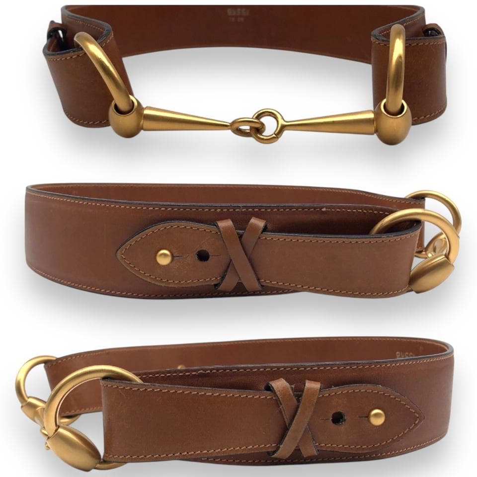 【美品】GUCCI グッチ ホースビット ベルト ゴールド ブラウン イタリア.