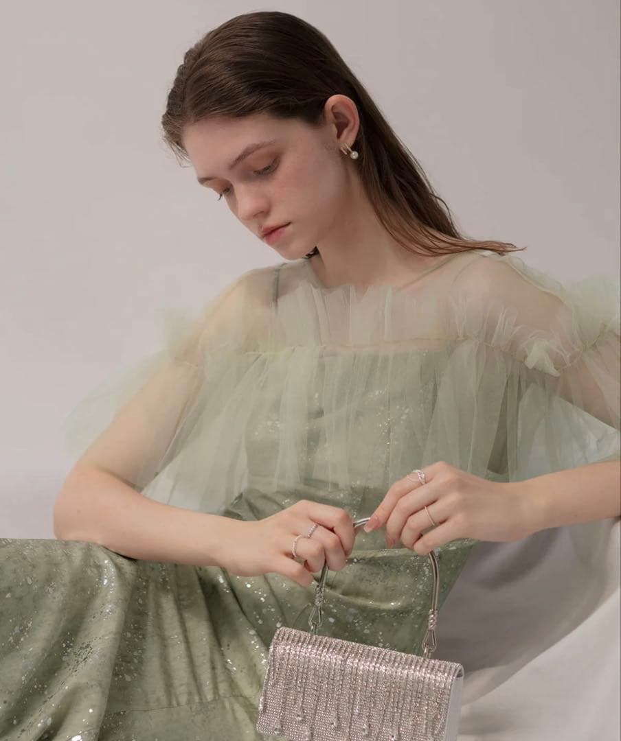 美品 チュールフリルボレロペイントマーメイドワンピースドレス GREEN