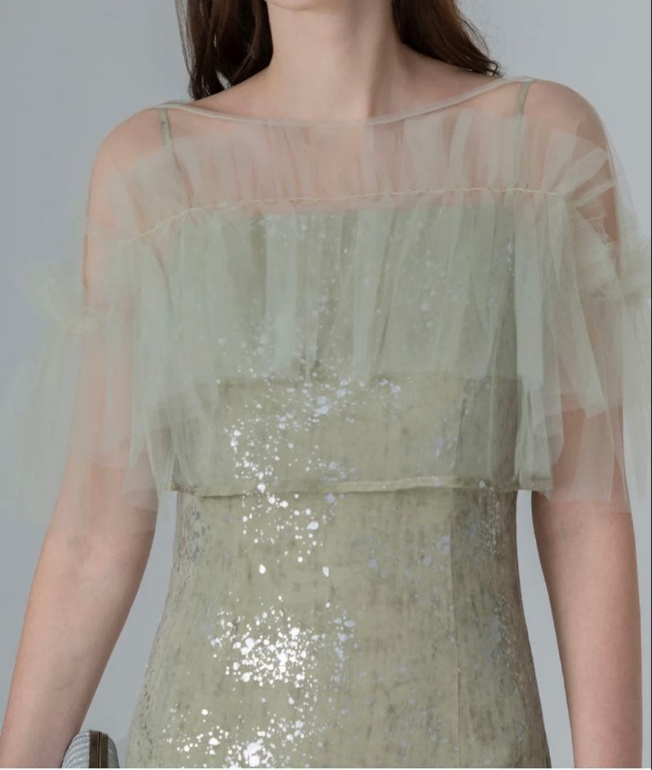 美品 チュールフリルボレロペイントマーメイドワンピースドレス GREEN