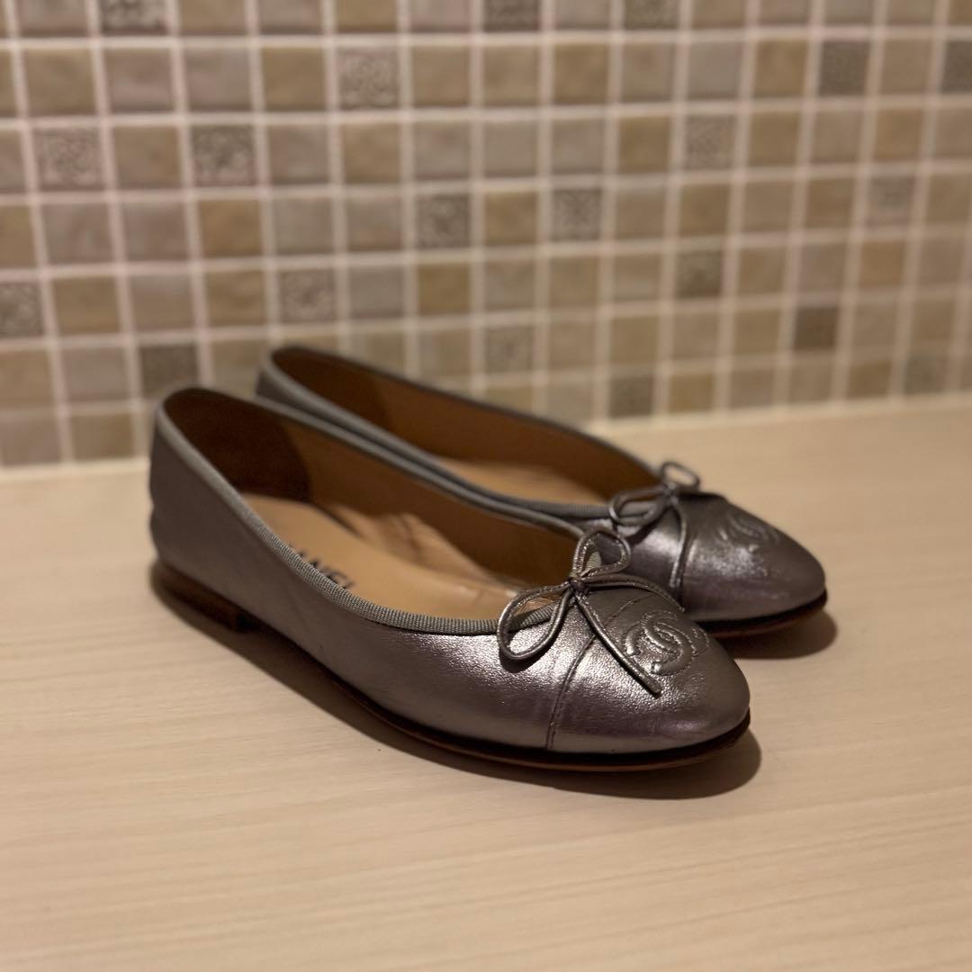 シャネル バレエシューズ パンプス バレリーナ シルバー 34.5