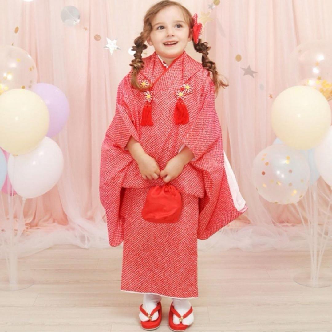 【美品】七五三　着物　被布セット　3歳　フルセット　疋田柄　絞り　赤　しぼり