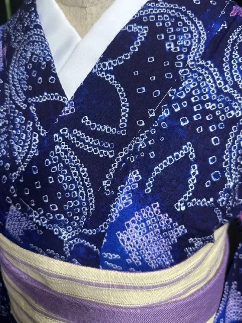 新品✨美品✨藍染に紫　有松鳴海絞り浴衣　身丈161裄丈67