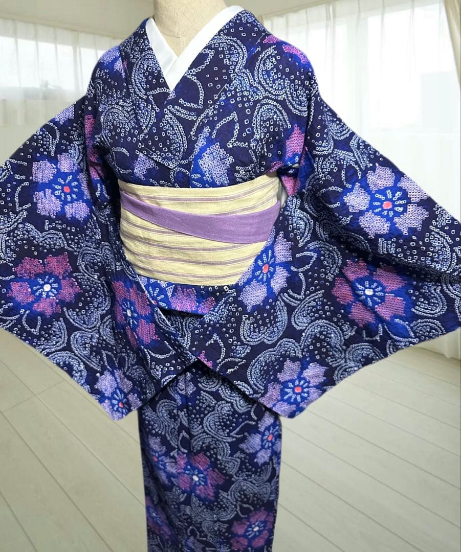 新品✨美品✨藍染に紫　有松鳴海絞り浴衣　身丈161裄丈67
