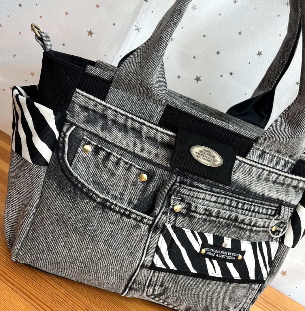 グレーデニムリメイクバッグ（L）No.799☆ハンドバッグ　マザーズバッグ
