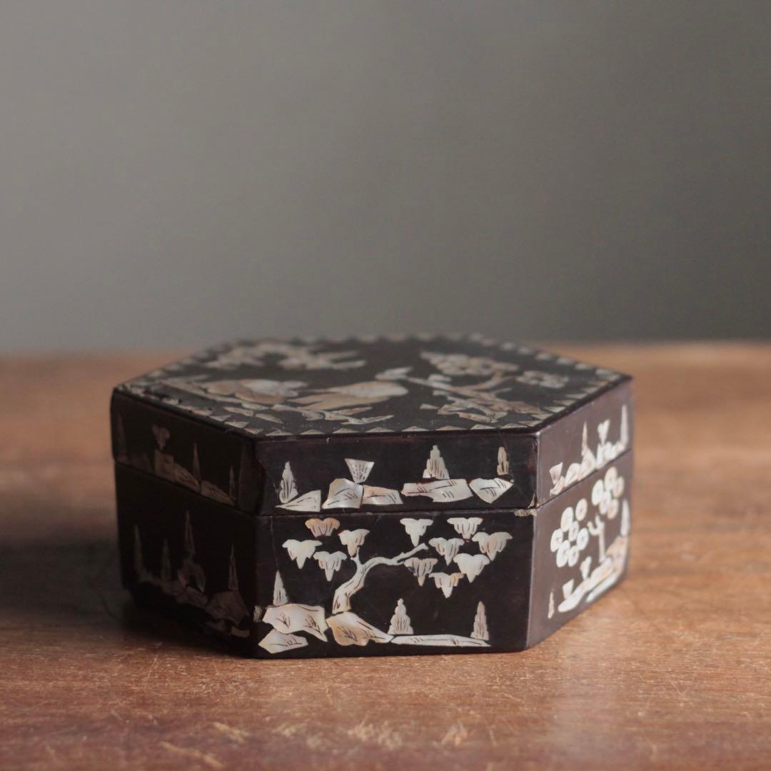 李朝 螺鈿 六角 蓋物 朝鮮美術 古美術 古道具 アンティーク