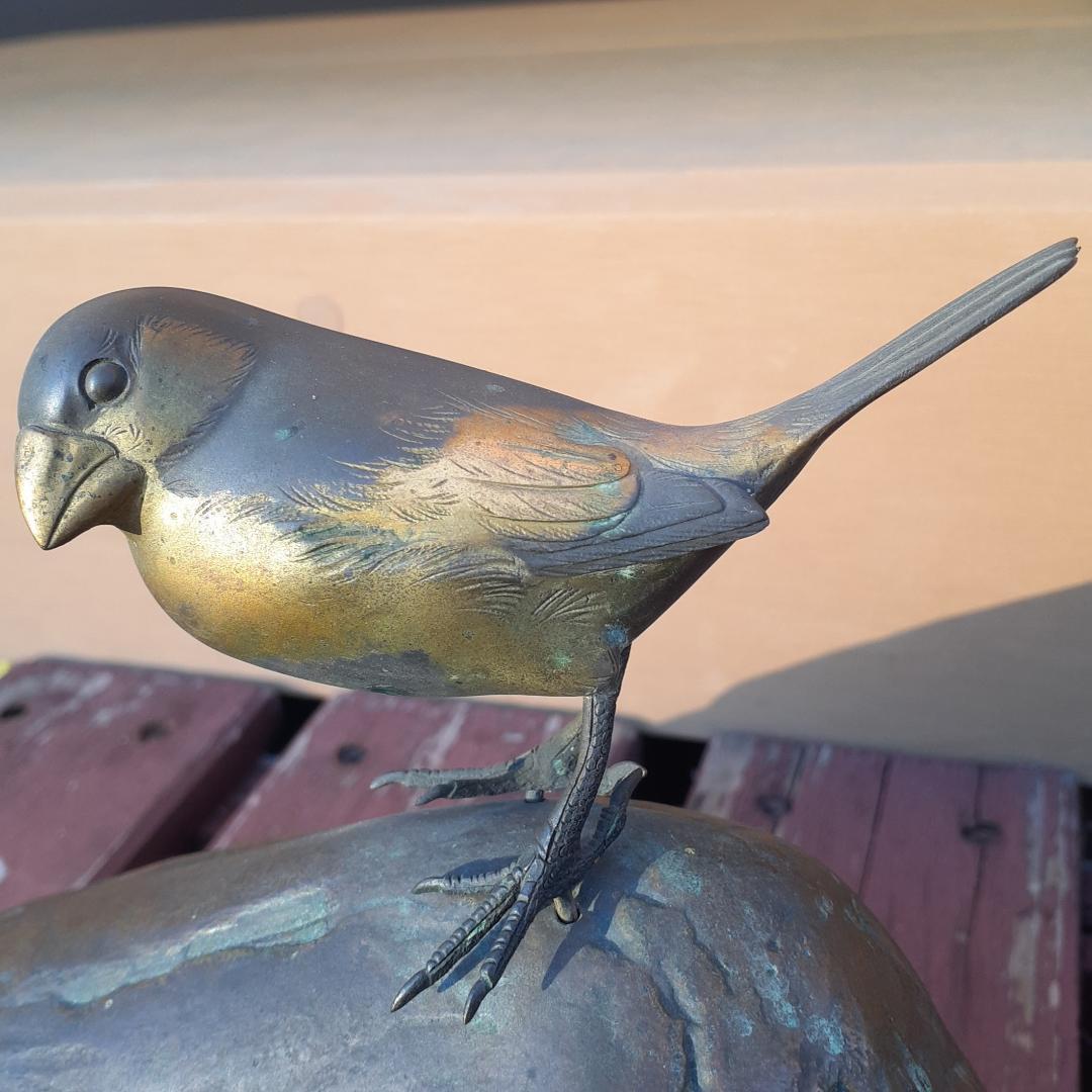 アンティーク　鋳銅製　岩上に文鳥　オブジェ　ブロンズ　時代物　コレクション