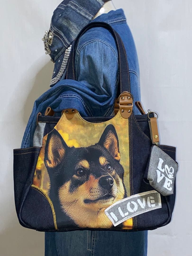 ☆ハンドメイド☆岡山デニム☆黒柴犬☆4wayあおりバッグ
