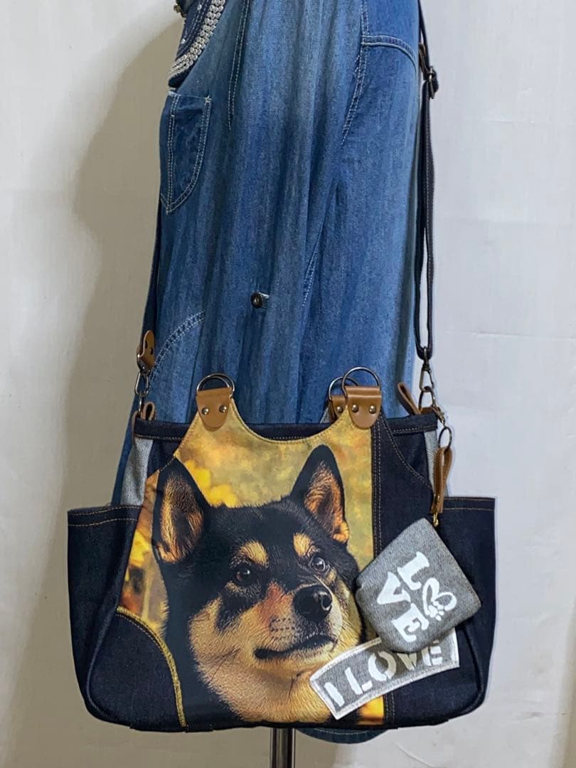 ☆ハンドメイド☆岡山デニム☆黒柴犬☆4wayあおりバッグ