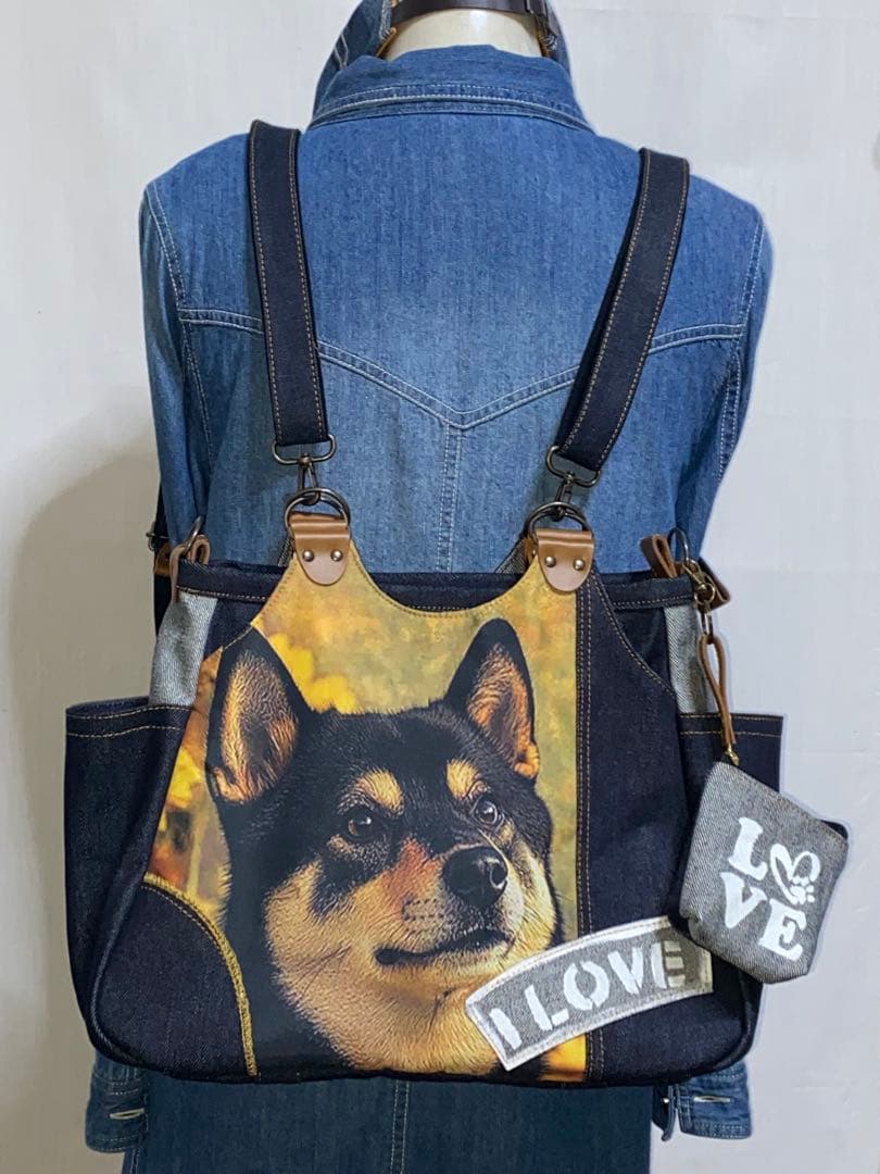 ☆ハンドメイド☆岡山デニム☆黒柴犬☆4wayあおりバッグ