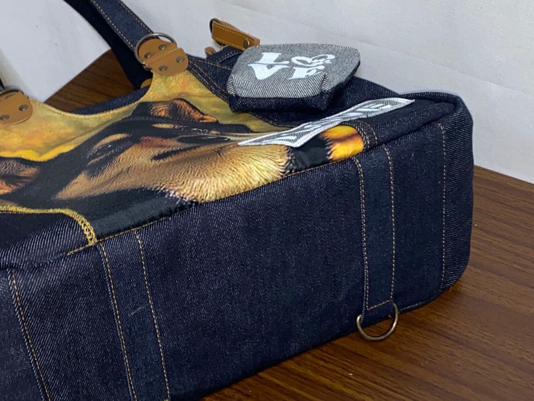 ☆ハンドメイド☆岡山デニム☆黒柴犬☆4wayあおりバッグ