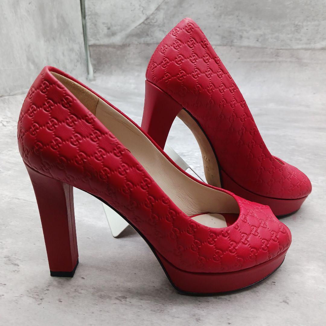 ✨美品✨ グッチ シマレザーオープントゥパンプス レッド 34.5