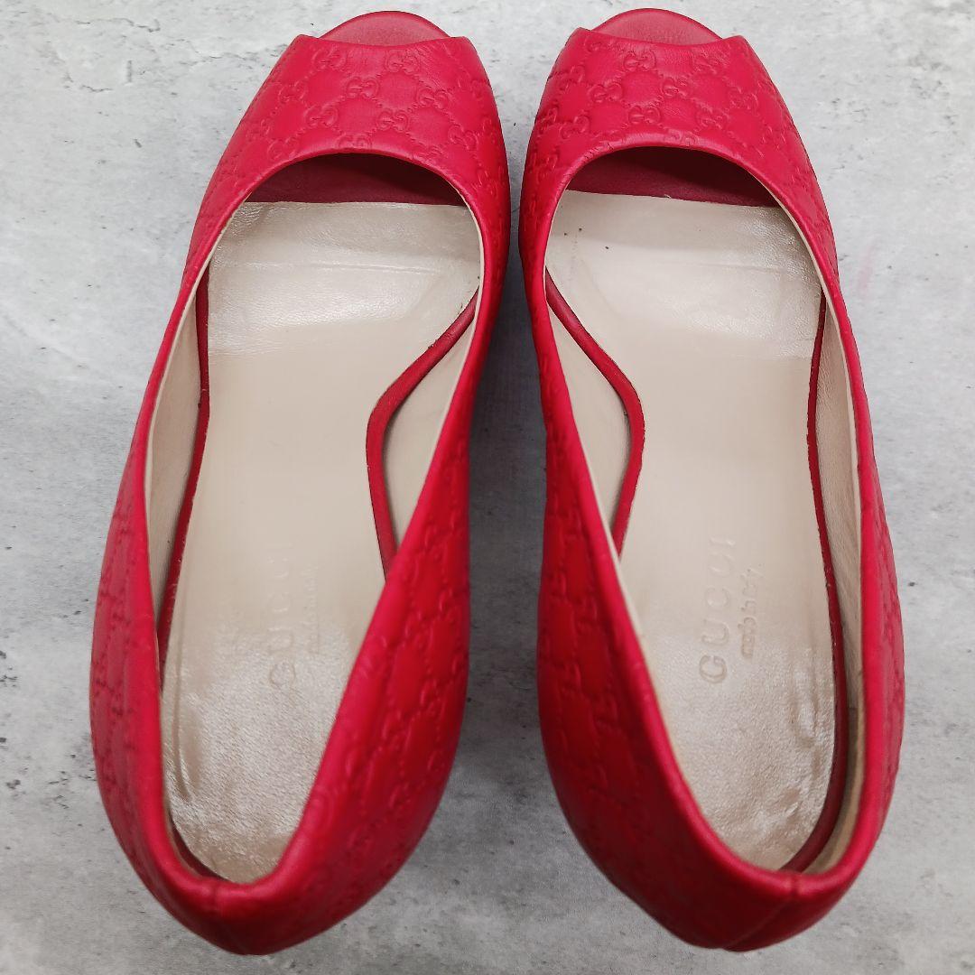 ✨美品✨ グッチ シマレザーオープントゥパンプス レッド 34.5