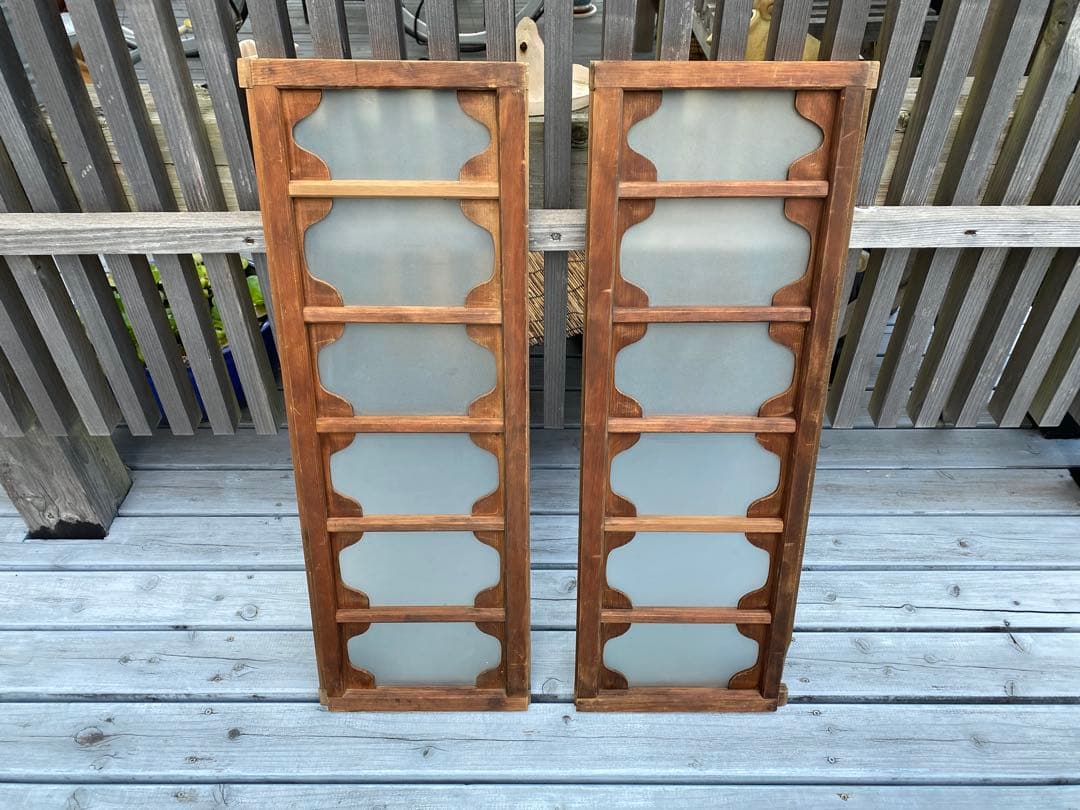 和風木製　欄間　2枚セット　すりガラス付き　アンティーク　レトロ