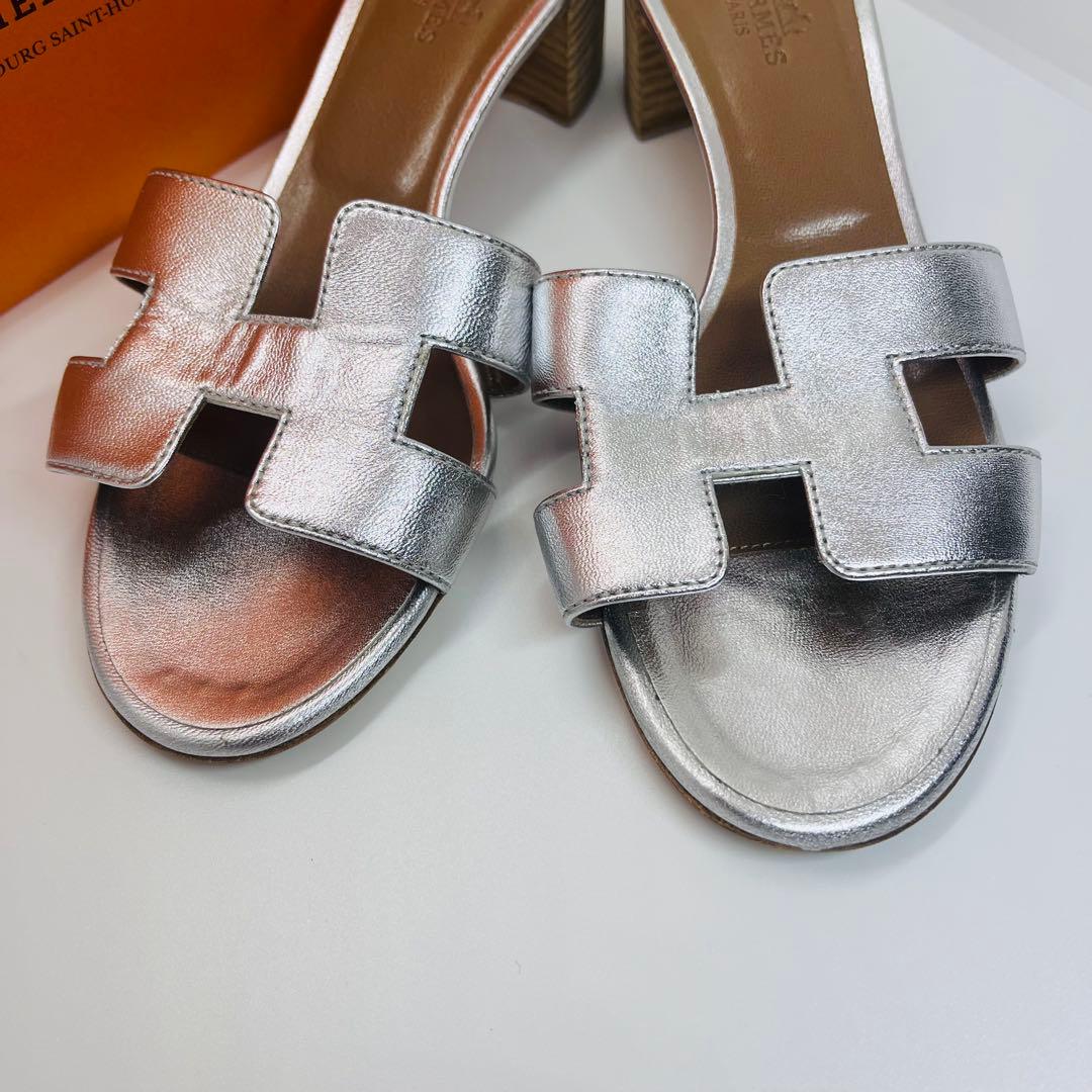 HERMES シルバー レザー ミュール ヒール　Hロゴ　オアジス　サンダル