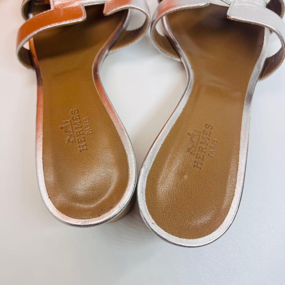 HERMES シルバー レザー ミュール ヒール　Hロゴ　オアジス　サンダル
