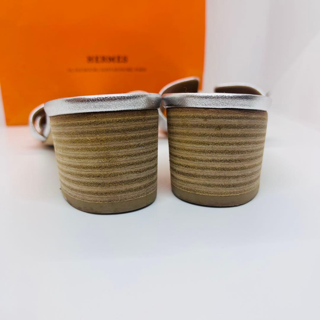 HERMES シルバー レザー ミュール ヒール　Hロゴ　オアジス　サンダル