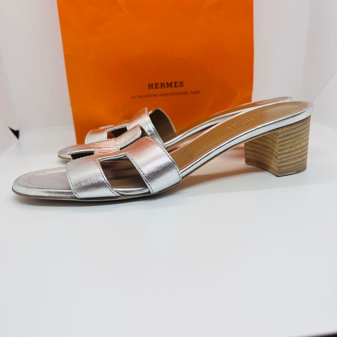 HERMES シルバー レザー ミュール ヒール　Hロゴ　オアジス　サンダル