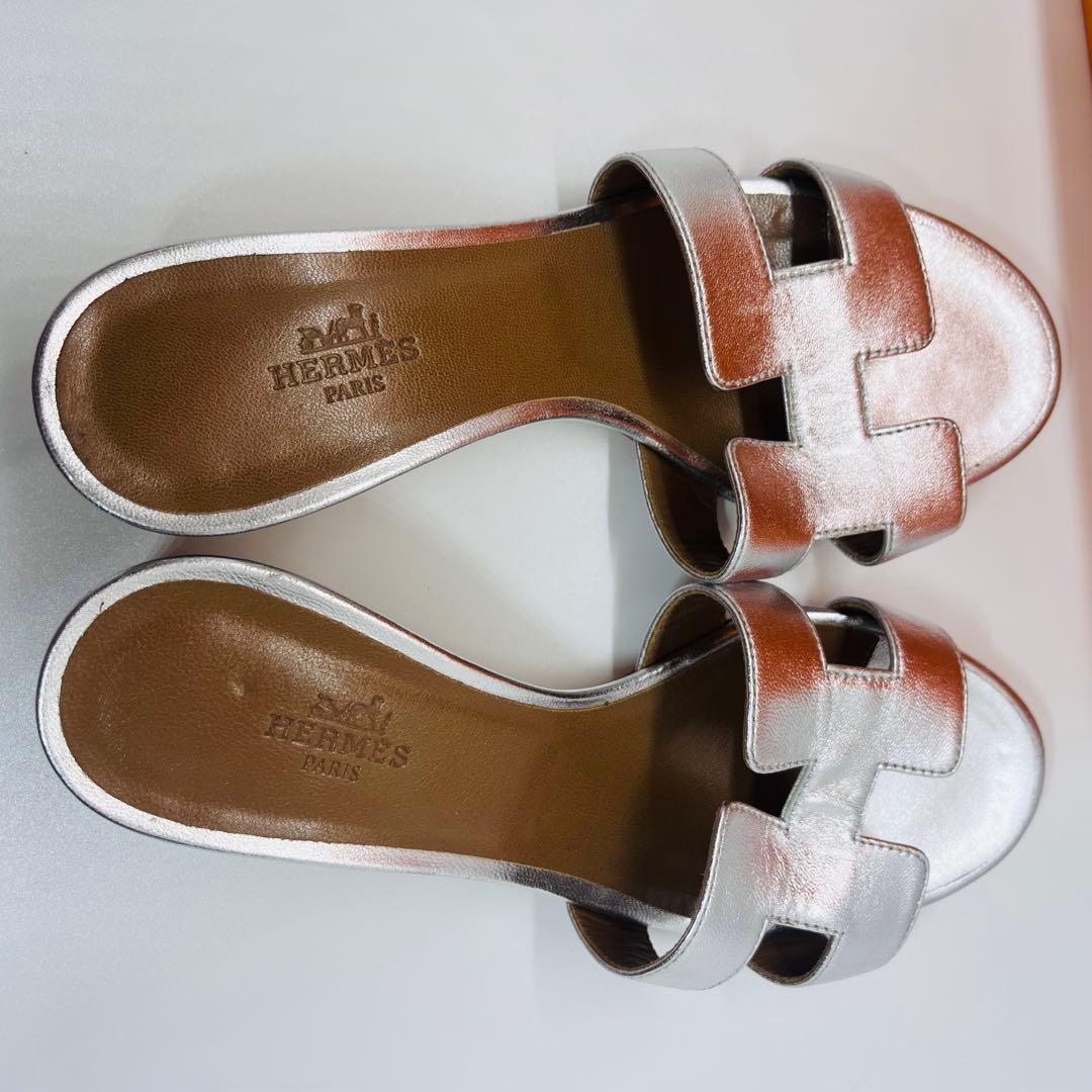 HERMES シルバー レザー ミュール ヒール　Hロゴ　オアジス　サンダル