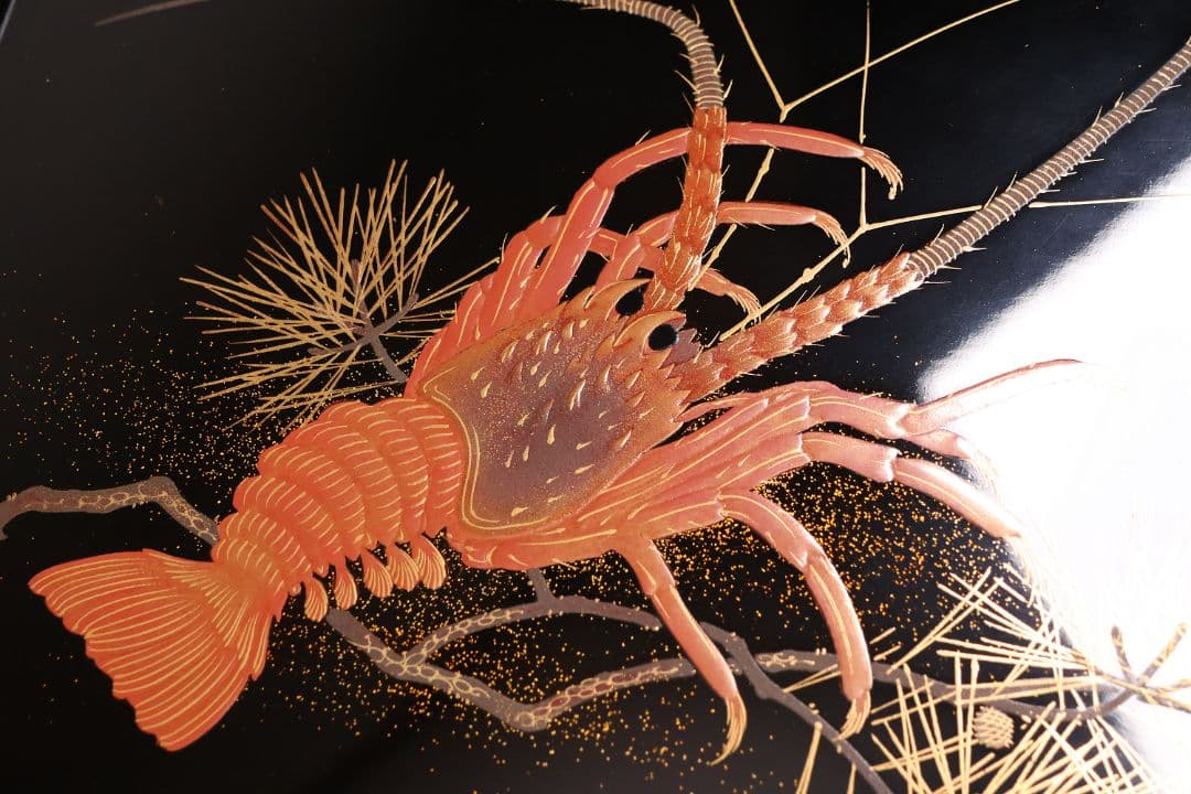 木製 松と海老 蒔絵 重膳一組 在銘 四方盆 大小二枚 香雲？【MA746】