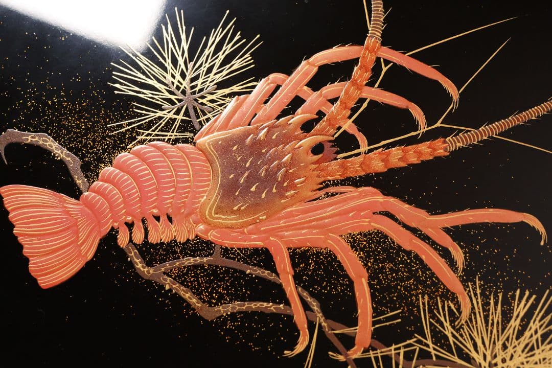 木製 松と海老 蒔絵 重膳一組 在銘 四方盆 大小二枚 香雲？【MA746】