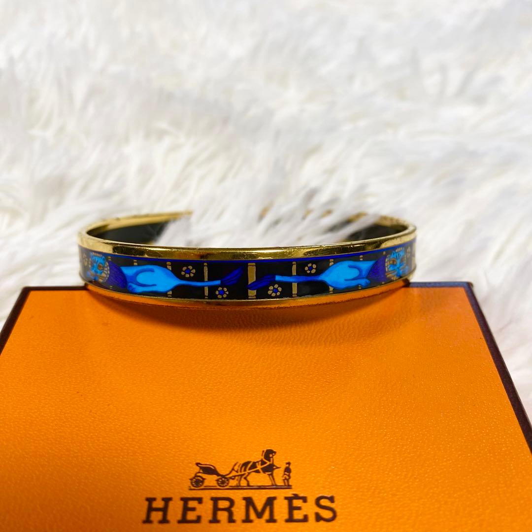 HERMES エマイユ　七宝焼　バングル　ブレスレット　猫　アニマル　ブルー